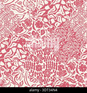 Monochrome red brush strokes inky flowers quilting seamless pattern. Abstract floral patchwork background Stock Vector