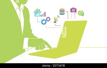 Digital Business Technology Integration Concept Vector Illustration with Laptop and Icons Stock Vector