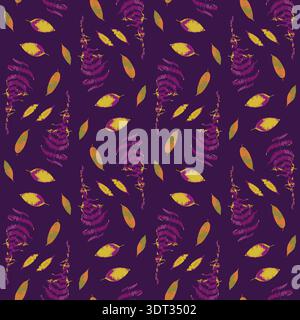 Seamless pattern with dried yellow fern leaves on deep purple background. Wild forest plant wallpaper. Boho botanical texture Stock Vector