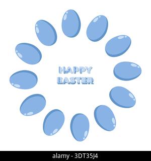 Festive Easter design with blue script HAPPY Easter surrounded by circular wreath of sixteen glossy blue eggs and a pink butterfly, cheerful seasonal Stock Vector