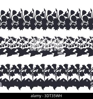 Set of stripe patterns with black silhouttes canary islands flowers. Floral horizontal seamless borders bundle with hand drawn millefleur Stock Vector