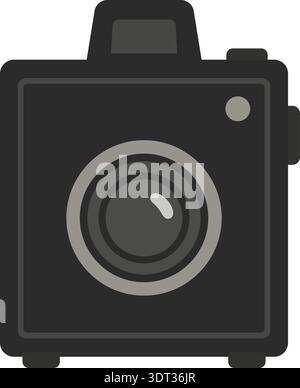 Front view illustration of a black compact camera with large lens and small viewfinder Stock Vector