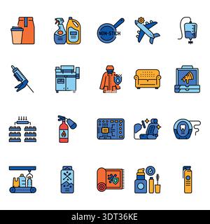 PFAS products color line icons set for digital and print projects. Minimal clean icons for apps and websites. Modern simple icons for UI UX and brandi Stock Vector