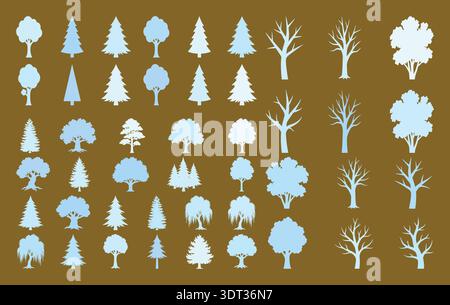 Various Tree Silhouettes Collection Vector Set Isolated on Brown Background Stock Vector