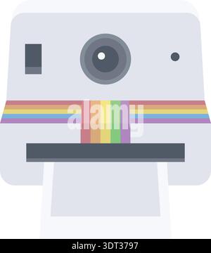 Retro instant photo camera with a rainbow stripe and front lens in a flat style Stock Vector