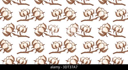 Seamless pattern with cotton flower on branch in flat style. Background for fabric, wrapping paper, wallpaper and organic branding design. Stock Vector