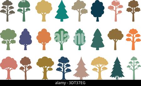 Colorful Tree Icons Collection Flat Vector Set Isolated on White Background Stock Vector