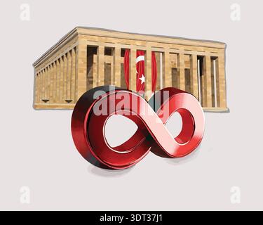 Vector illustration of Anıtkabir. Three-dimensional red infinity symbol illustration. Stock Vector