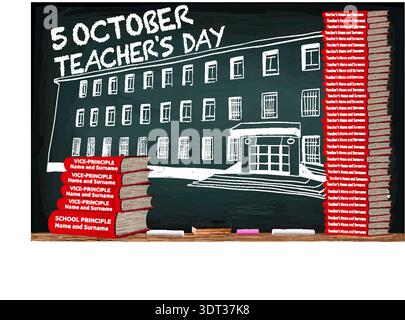 A vector-based design for the October 5th World Teachers' Day celebration. It depicts a school drawn with chalk and red books front it. Stock Vector