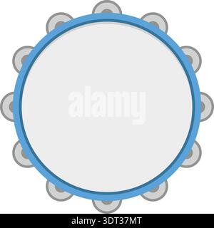 Top view illustration of a round frame drum with a blue rim and small jingles around the edge Stock Vector