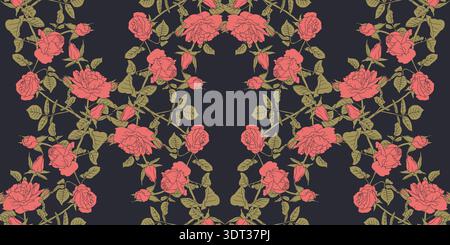 Vintage bohemian seamless pattern with hand drawn pink rose flowers on dark blue background Stock Vector