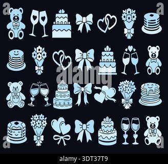 Romantic Celebration and Wedding Icons Set on Dark Background Vector Illustration Stock Vector