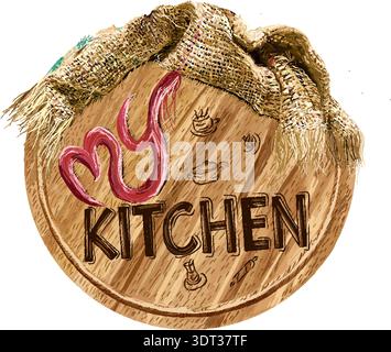88 Vector illustration of a grain sack on a round wooden cutting board with the words "My Kitchen" written on it. Stock Vector