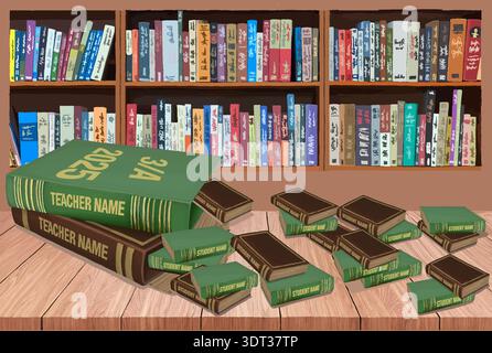 On a wooden table, two large books are overflowing with smaller books representing the teacher's students. A library is located in the background. Tea Stock Vector
