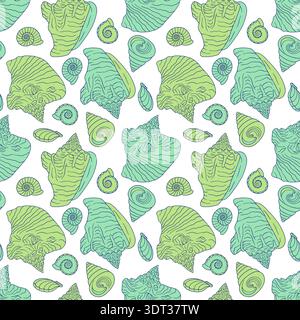 Pastel conch shells coastal seamless pattern on white background. Hand drawn mollusk repeat wallpaper Stock Vector