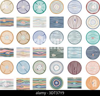 Colorful Wood Grain and Tree Ring Pattern Collection Vector Set Stock Vector