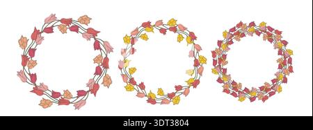 Pink and yellow hand drawn line art tulips flowers wreath set isolated on white background Stock Vector