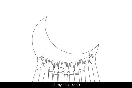 Modern Thin Line Art Illustration of Human Hands Supporting Crescent Moon for Global Partnership Stock Vector