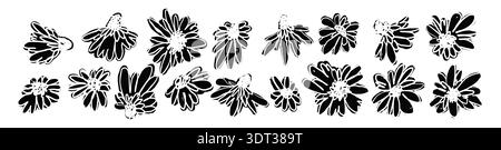Hand drawn black ink abstract wild flowers silhouettes set Stock Vector