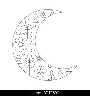 Floral Crescent Moon Line Art Vector - Moon and Flowers Coloring Page Outline for Adults and Kids Stock Vector