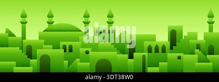 Arabic city panorama in pistachio green color with mosque silhouettes Stock Vector