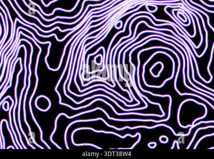 Neon blue glowing topographic contour lines pattern on black background abstract wavy design Stock Vector