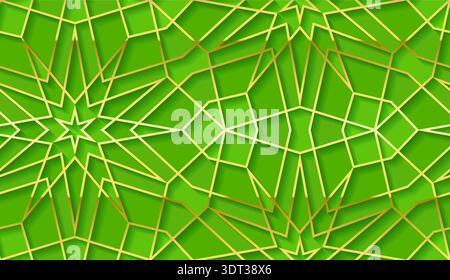 Green and gold islamic geometric star pattern background with 3d layered arabesque shapes Stock Vector
