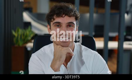 Portrait Caucasian happy business man smiling toothy healthy millennial male cheerful guy businessman smile with white teeth specialist looking at Stock Photo