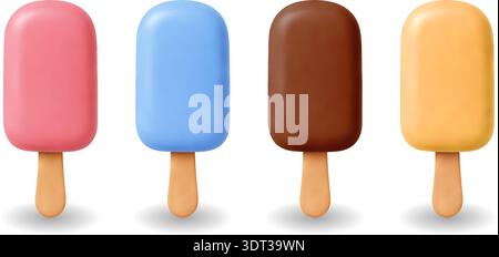 3D Ice Cream Popsicles Flat Summer Icon Realistic Vector Set Frozen Dessert Sweets Stock Vector