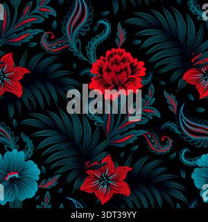 Bohemian Tropical Ornate Romantic Floral Vintage Opulent Paisley Motif Seamless Pattern Background Stock Vector