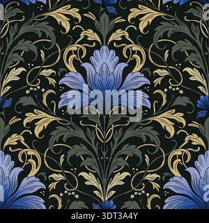 Art Nouveau Seamless Pattern With Vintage Iris Flowers And Antique Baroque Ornamental Leaves Vector Stock Vector