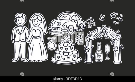 Wedding Doodle Sketch Icon Set Vintage Party Love Vector Invitation Bride Groom Ceremony Celebration Romantic Couple Card Stock Vector
