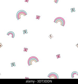 Rainbow Butterfly Seamless Pattern Vector Cute Baby Pastel Curly Style Digital Background Stock Vector