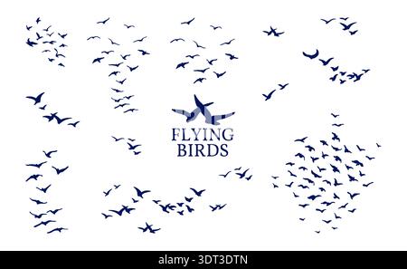 Flying Birds Silhouettes Vector Design Elements Set of Black Flock Murmuration Migration in Sky, Freedom Symbol Stock Vector