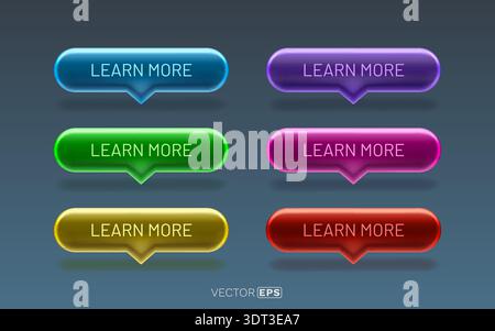 Set of vibrant, glossy Learn More call-to-action buttons in various colors. Perfect for web design and user interfaces. Vector illustration Stock Vector