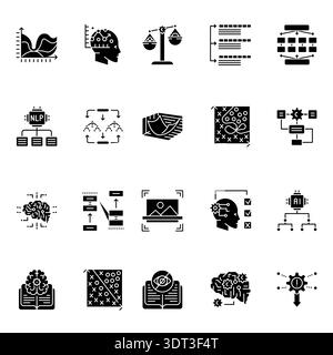 Machine Learning black glyph icons set for digital and print projects.  Minimal clean icons for apps and websites. Modern simple icons for UI UX and b Stock Vector
