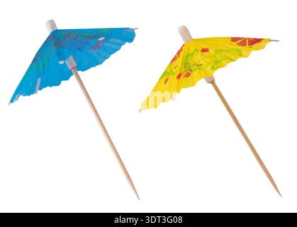Cocktail Umbrella on Stick isolated on white background. Blue yellow color umbrellas. Stock Photo