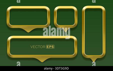 Set of golden 3D speech bubble frames on a deep green background. Versatile design elements. Vector illustration. Stock Vector