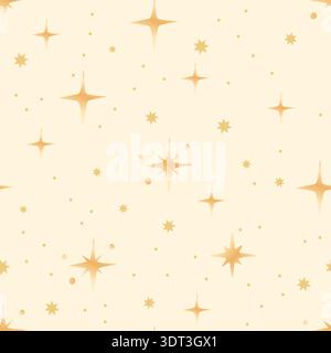 Golden star seamless pattern. Starry sparkle shine beige background illustration. Night abstract art design. Stock Vector