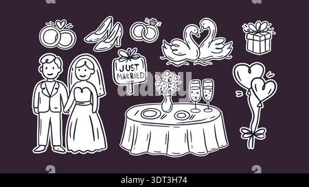 Wedding Doodle Sketch Icon Set Vintage Party Love Vector Dinner Save the Date Celebration Event Happy Sticker Stock Vector