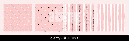 Seamless Pink Grid With Wavy Striped Lines Love Heart Abstract Vector Background Set Textile Print Collection Coquette Wrapping Paper Stock Vector