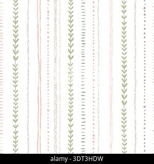 Minimalist Seamless Pattern Featuring Hand Drawn Stripes And Leaf Motifs In Soft Neutral And Green Tones Stock Vector