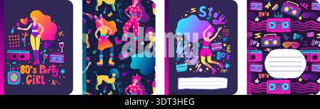Retro Music Party Notebook Copybook Party Girl Cover Background Set Diary Pop Art Vector Stock Vector