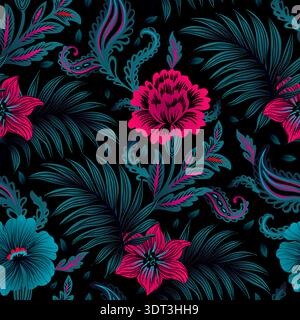 Bohemian Tropical Ornate Romantic Floral Vintage Opulent Paisley Motif Seamless Pattern Background Stock Vector
