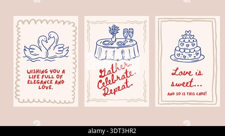 Doodle Wedding Sketch Card Set Love Romantic Hand Drawn Chalk Greeting Banner Vintage Vector Save The Date Party Swans Cake Wedding Dinner Event Collection Stock Vector