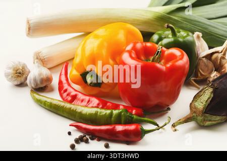 A Collection of Various Vegetables and Spices is Laid Out Stock Photo
