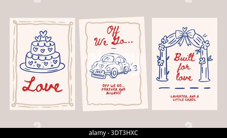 Doodle Wedding Sketch Card Set Love Romantic Hand Drawn Chalk Greeting Banner Vintage Vector Save The Date Party Event Invitation Stock Vector