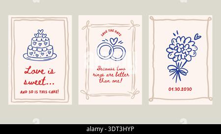 Doodle Wedding Sketch Card Set Love Romantic Hand Drawn Chalk Greeting Banner Vintage Vector Save The Date Rings Bouquet Cake Event Collection Stock Vector