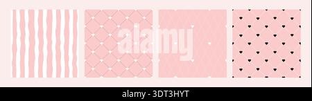 Seamless Pink Grid With Wavy Striped Lines Love Heart Abstract Vector Background Set Textile Print Collection Coquette Wrapping Paper Stock Vector