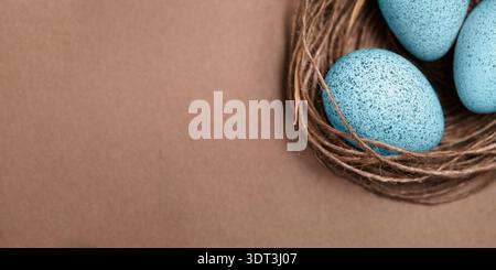 Easter Eggs In Nest. Minimalist Scene Featuring Blue Eggs In Rustic Natural Setting. Elegant Composition Showcasing Blue Speckled Eggs Nestled In Stock Photo